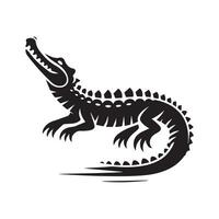 A powerful, black and white silhouette of a crocodile is featured in a circular design, set against a light gray background. vector