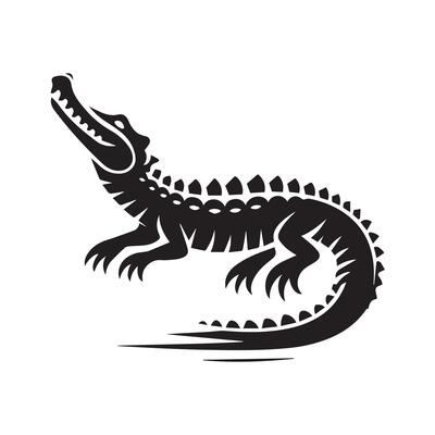 A powerful, black and white silhouette of a crocodile is featured in a circular design, set against a light gray background.