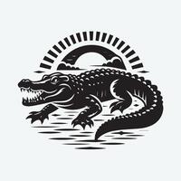 A striking, stylized graphic of an alligator, presented in a bold black silhouette against a plain white background. vector