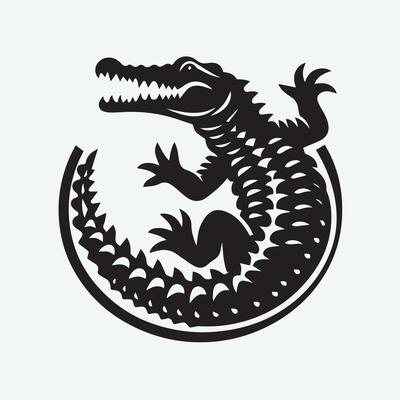 A bold, graphic silhouette of a crocodile in a dynamic, aggressive stance.