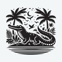 A bold, black and white graphic of an alligator, rendered in a vintage, stylized woodcut or linocut style. vector
