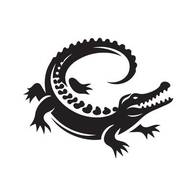 A bold, black silhouette of a crocodile, stylized in a tribal or decorative art style.