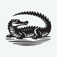 A striking black and white graphic of a crocodile with its mouth open, positioned in a tranquil aquatic setting. vector