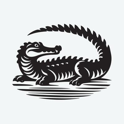A striking black and white graphic of a crocodile with its mouth open, positioned in a tranquil aquatic setting.