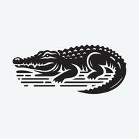 A stylized, black and white graphic illustration of a crocodile resting on a tropical beach at night. vector