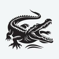 A bold, black and white silhouette of a crocodile resting on a tropical island. vector