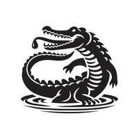 A bold graphic of a crocodile in a serene, sun-drenched landscape. vector