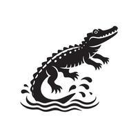 A striking, black-and-white silhouette of a crocodile, rendered in a graphic design style. vector