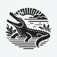 A bold, black-and-white graphic of an alligator positioned centrally, surrounded by various symbolic elements including suns, stars, umbrellas, anchors, and other stylized motifs. vector