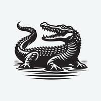 A bold, black silhouette of a crocodile resting in a shallow wetland. vector