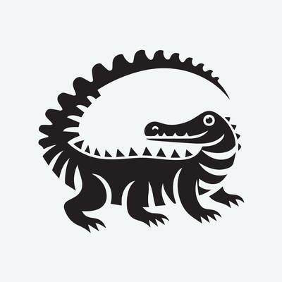 A bold, black and white graphic illustration of a crocodile on a tropical island at sunset.