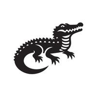 A stylized, bold black silhouette of a crocodile positioned within a circular frame. vector