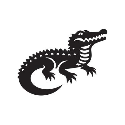 A stylized, bold black silhouette of a crocodile positioned within a circular frame.