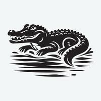 A stylized, black and white silhouette of an alligator, positioned in a semi-circular composition, rests on a stylized wavy water background. vector