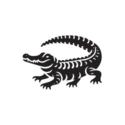 A striking, black and white, illustration of an alligator in profile view.
