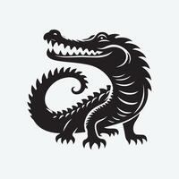 A bold, black and white graphic illustration of an alligator in a dynamic pose, mouth agape. vector