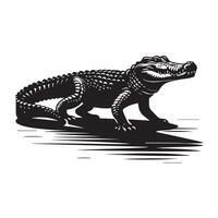 A bold, black-and-white illustration of a crocodile resting in water. vector