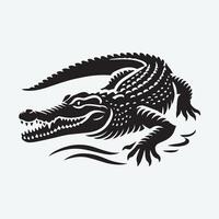 A bold, black and white graphic of a crocodile positioned on the edge of a tranquil wetland. vector