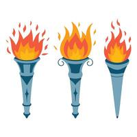 Flaming Torches Set Cartoon Torch with Flame, Burning Fire for Sports, Competitions vector
