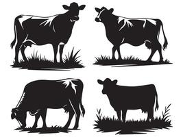 Cow Silhouettes in Different Poses Grazing vector