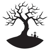 Spooky Silhouette Halloween Tree with Graveyard Scene vector