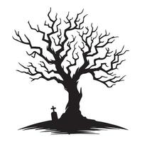 Spooky Dead Tree Silhouette Illustration with Tombstone Halloween Themed Design vector