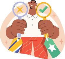 A flat illustration of a character doing comparison of products vector