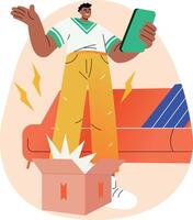 A flat illustration of a character doing parcel unboxing vector