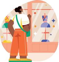 A flat illustration of a character doing window shopping vector