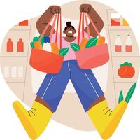 A flat illustration of a character holding heavy bags vector