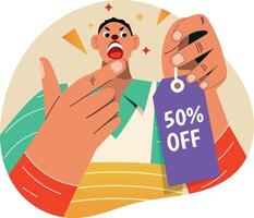 A flat illustration of character holding price tag vector