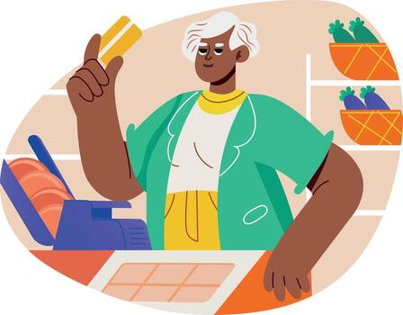 A flat illustration of a character standing at payment counter vector