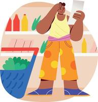 A flat illustration of confused character holding shopping list vector