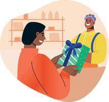 A flat illustration of a woman get shopping gift from shopkeeper vector