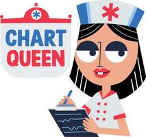 A flat sticker of a nurse with chart queen typography vector