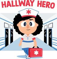 A flat sticker of a medical character with hallway hero typography vector