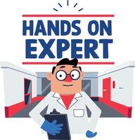 A flat sticker of doctor with hand on expert typography vector