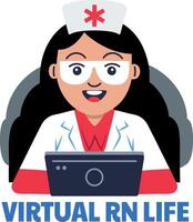 A flat sticker of virtual rn working on a laptop vector