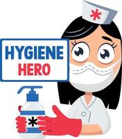 A flat sticker of a nurse holding sanitizer with hygiene hero typography vector