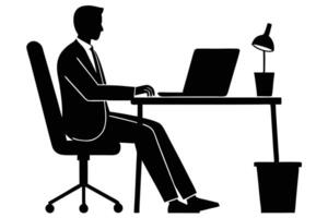 Digital Workplace Man Working on Computer at Desk Silhouette vector