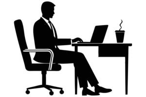 Efficient Office Setup Man Seated at Desk with Laptop Silhouette vector