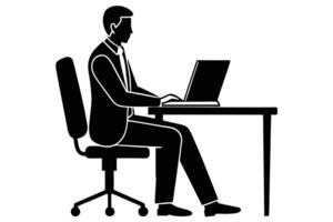 Business Strategy in Action Man at Desk with Laptop Silhouette vector