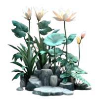 Serene Lotus Flowers Blooming Amidst Rocks and Lush Greenery png
