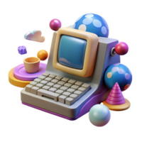 Retro Computer 3D Render with Colorful Objects png