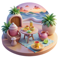 Sunset Beach Tea Party 3D Render of Relaxing Coastal Scene png