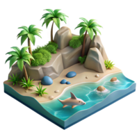 Tropical Island Beach Scene with Shark png