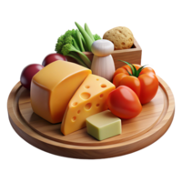 Wooden Board with Cheese, Vegetables, and Bread png