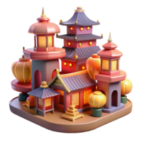 Asian Architecture, 3D Render, Illuminated Lanterns, Pagoda, Festive, Temple, Buildings, Night Scene, Cartoon Style png