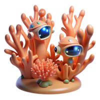 Adorable Robots in Coral Reef 3D Render png