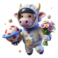 Adorable Cow Astronaut with Flowers and Planet png